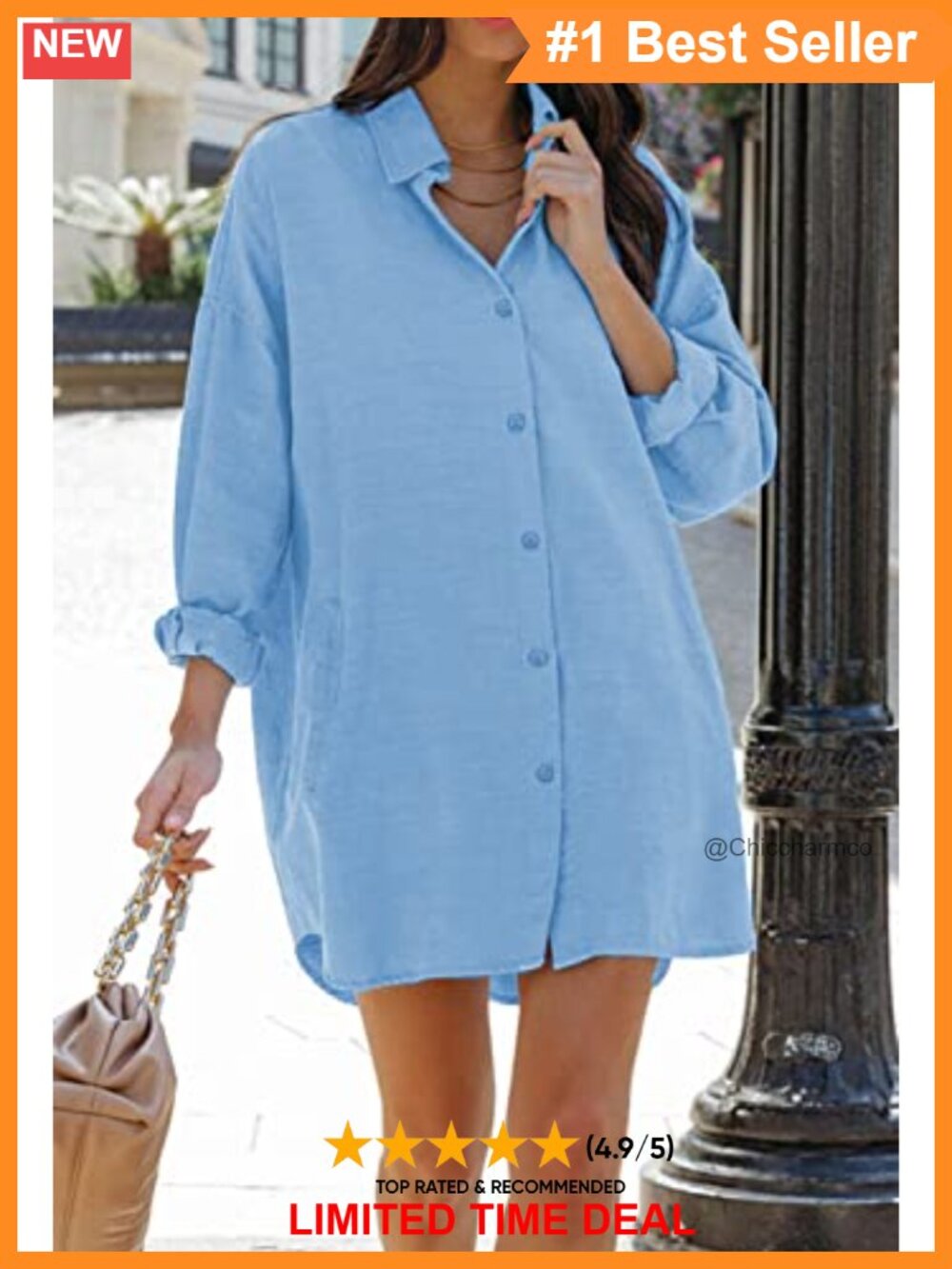 Oversized Button Down Shirt Long Sleeve Collared Blouse with Pockets - Picture 4 of 6